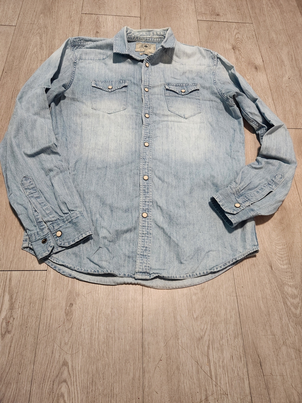Zara Man Light Wash PeLight Blue Denim Western Shirt - Casual Long Sleeve M